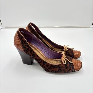 Vintage Luna Rosa Bowie Block Heel Pumps Brown Leather Bow Leopard Calf Hair 9.5